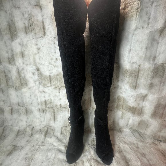 Glamour Chic Black Metallic Thread Stretch Over The Knee High Heel Boots - Picture 8 of 8